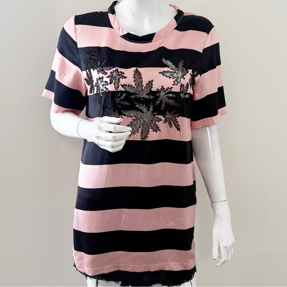 Rare Alexander Wang Sample Piece Black & Pink Striped Top w Black Lace Leaves